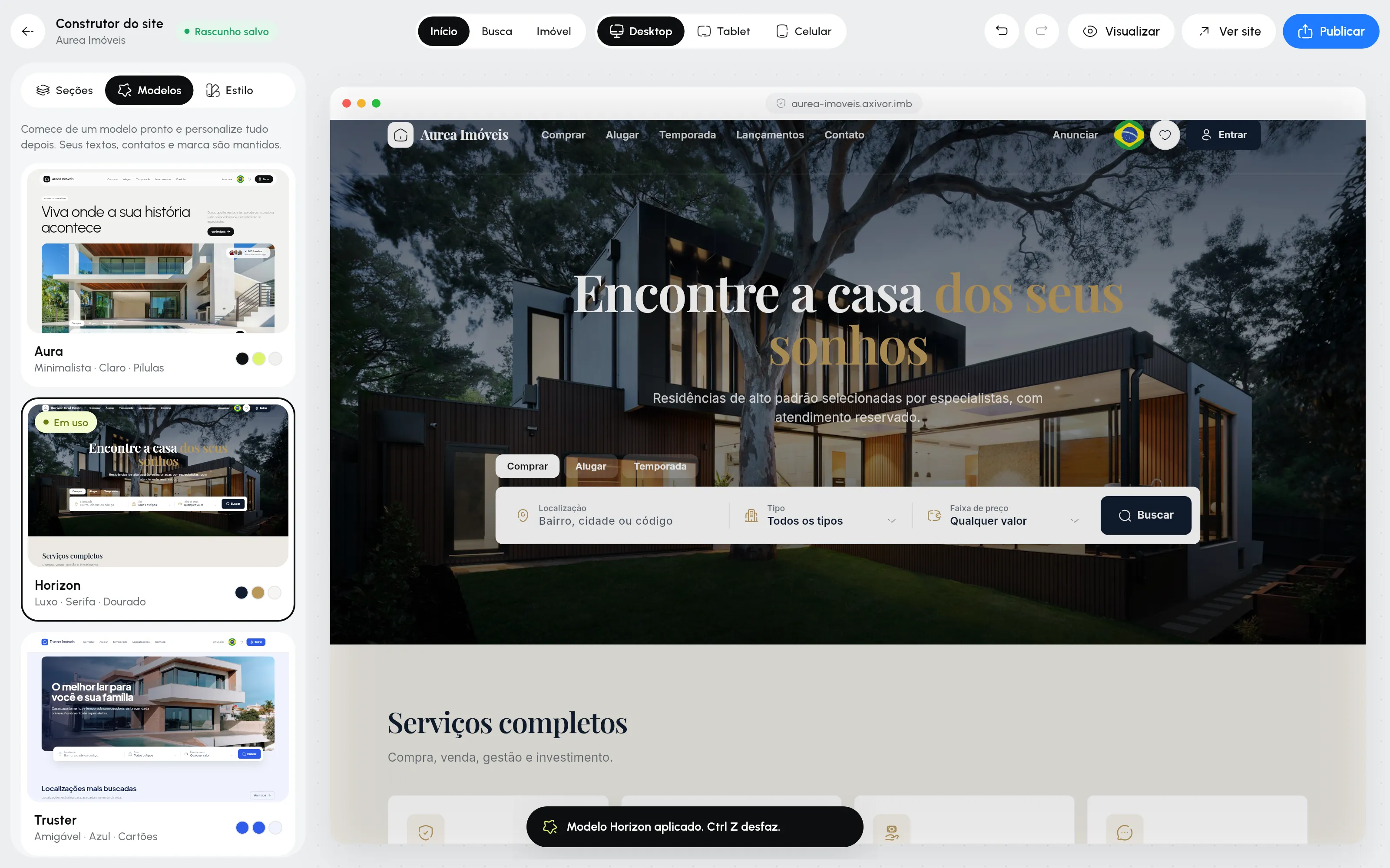 Construtor visual do site com o modelo Horizon